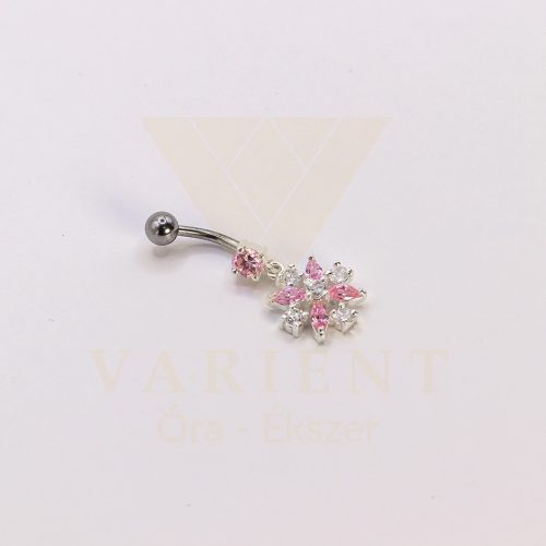 EZÜST KÖLDÖK PIERCING - FEHÉR - RÓZSASZÍN LÓGÓS VIRÁG